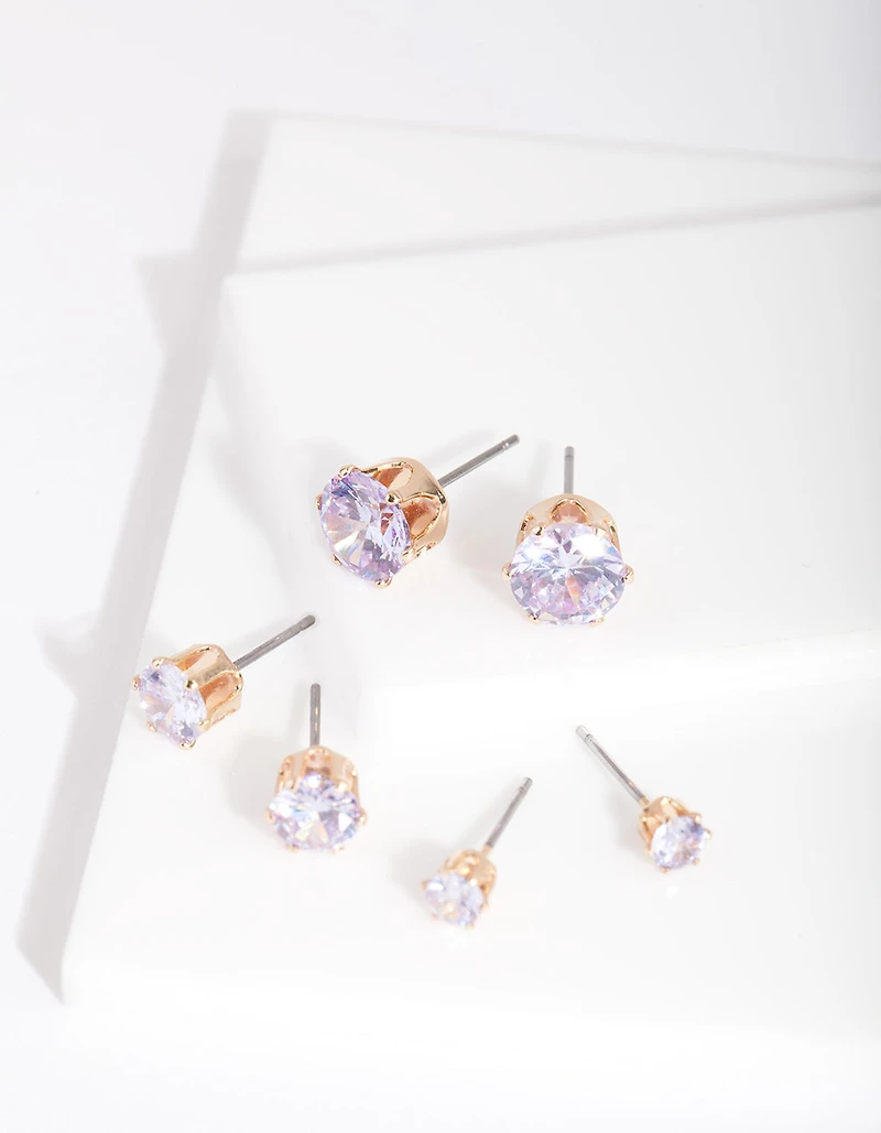 Gold Purple Cubic Zirconia Graduating Stud Earring Pack