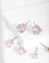 Gold Purple Cubic Zirconia Graduating Stud Earring Pack