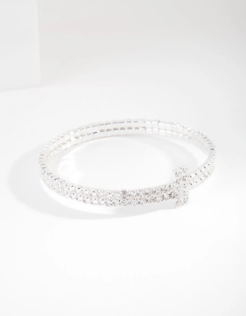 Silver Cubic Zirconia Row T Cuff Bracelet