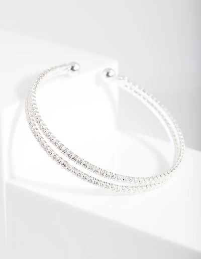 Silver Cubic Zirconia 2 Row Cuff Bracelet
