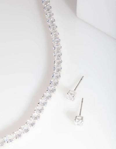 Ensemble de boucles d’oreilles en zircone cubique en argent et collier de tennis