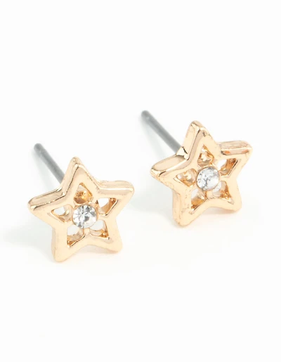Gold Star Diamante Stud Earrings