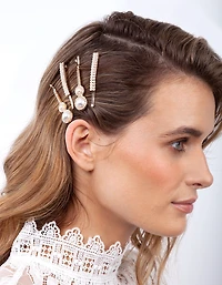 Gold Diamante Pearl Hair Clip 4-Pack