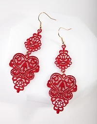 Red Filigree Leaf Earrings