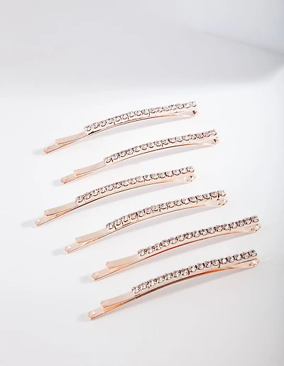 Rose Gold Fine Diamante Clip 6-Pack