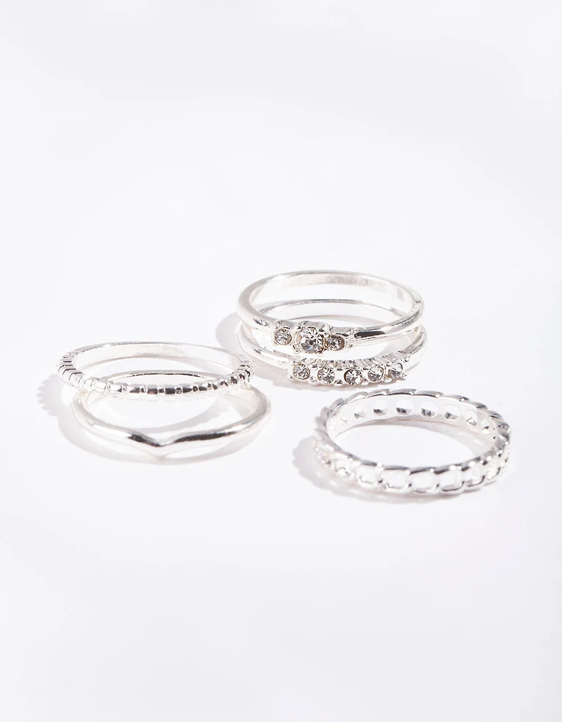 Silver Diamante & Chain 5 Stack Ring