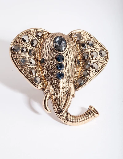 Gold Black Diamante Elephant Ring
