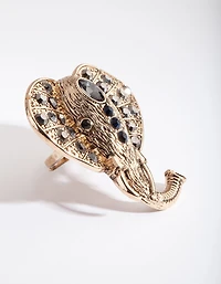 Gold Black Diamante Elephant Ring