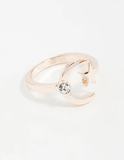 Rose Gold Open Moon Star Ring