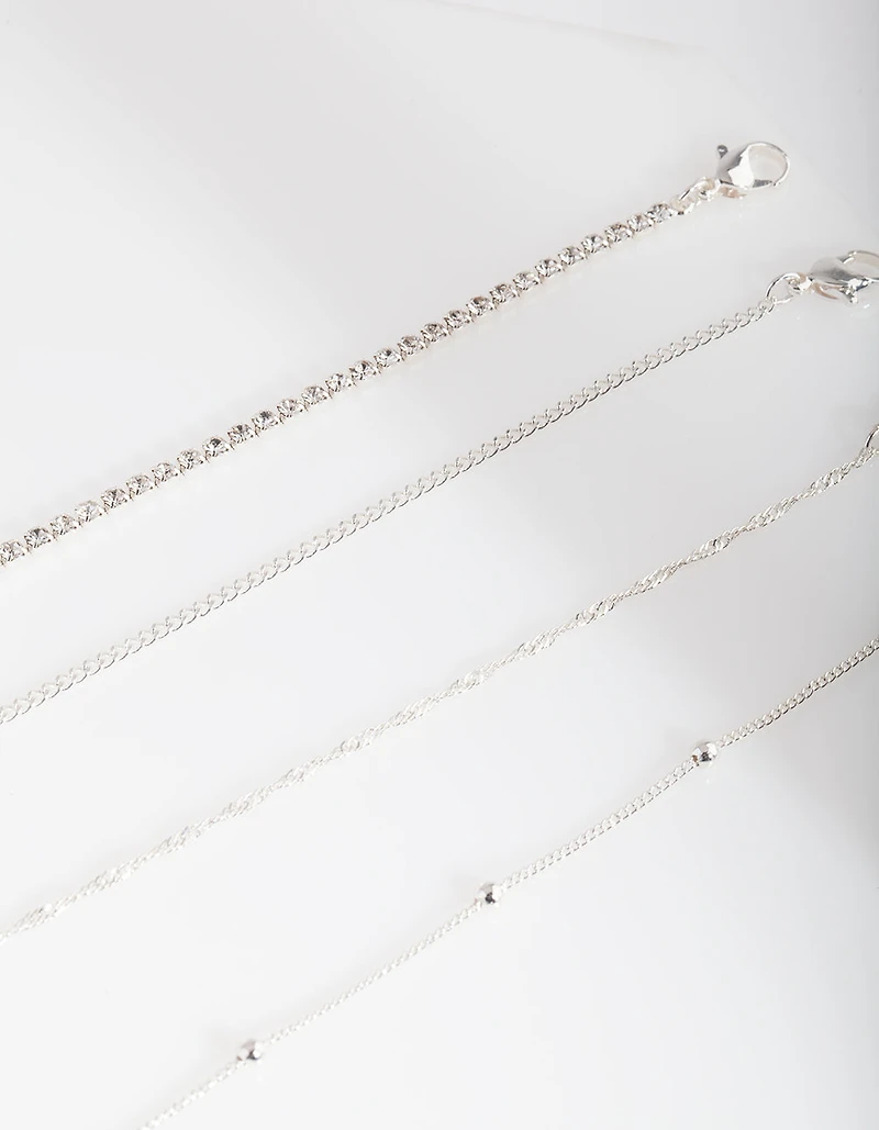 Silver Diamante Twist Anklet Bracelet 4-Pack