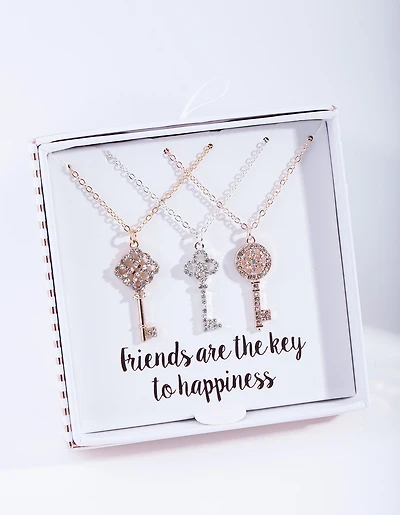 Mixed Metal Diamante Key Necklace Pack