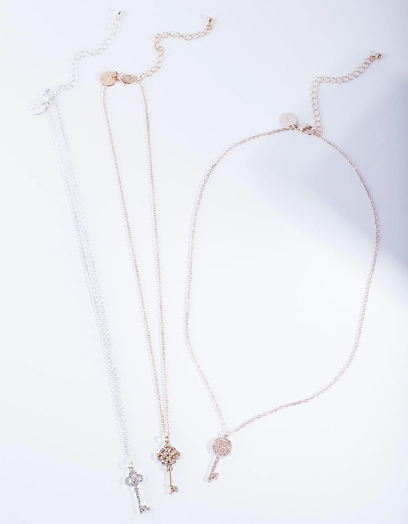 Mixed Metal Diamante Key Necklace Pack