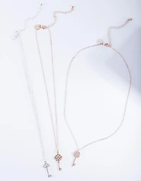 Mixed Metal Diamante Key Necklace Pack