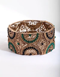 Antique Gold Green Filigree Diamante Stretch Bracelet