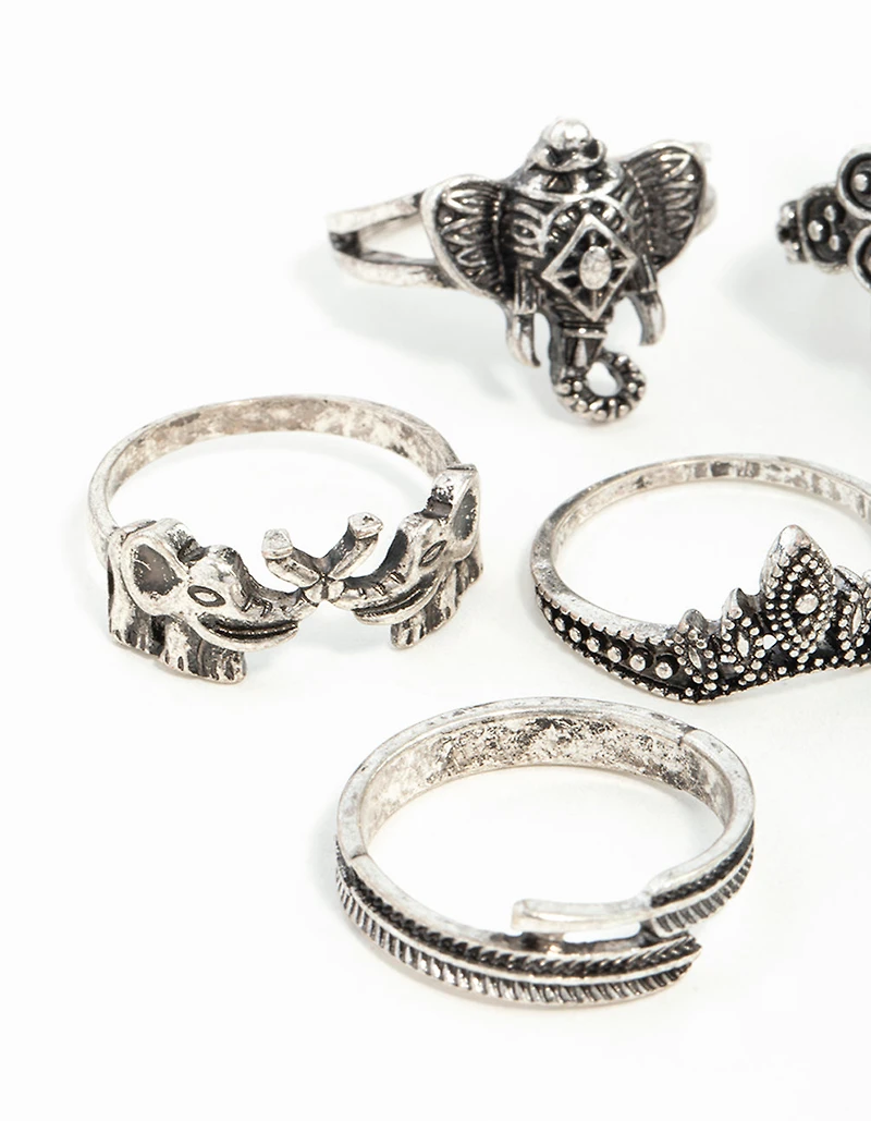 Antique Silver Boho Elephant Style Rings 8-Pack