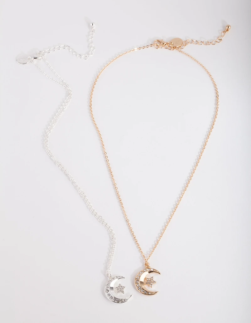 Mixed Metal Diamante Moon Necklace Pack