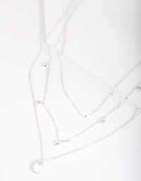 Silver Cubic Zirconia 3 Row Moon & Droplet Necklace