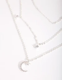 Silver Cubic Zirconia 3 Row Moon & Droplet Necklace