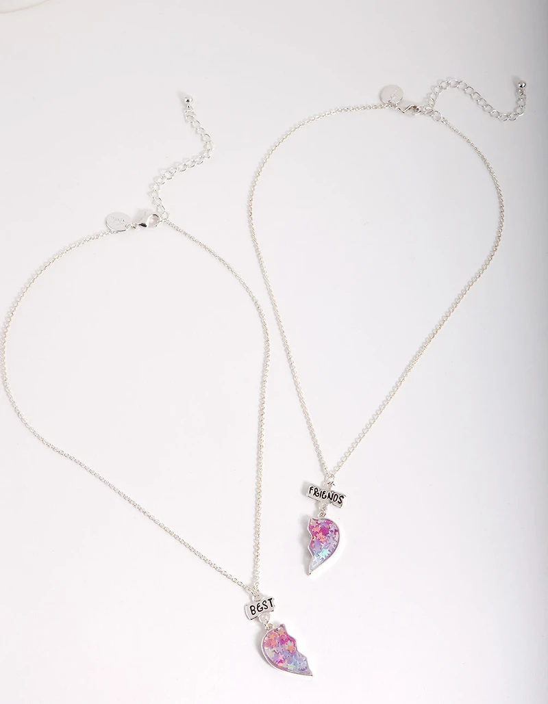 Kids Silver Glitter Heart BF Necklace Set