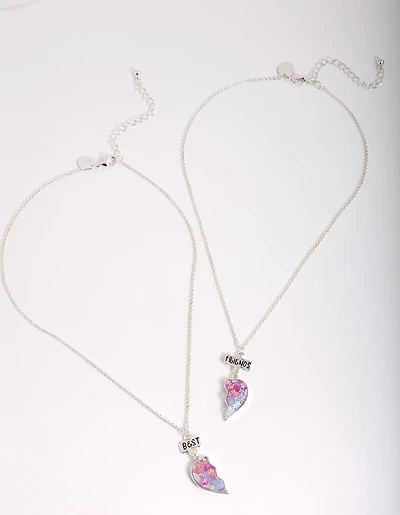 Kids Silver Glitter Heart BF Necklace Set