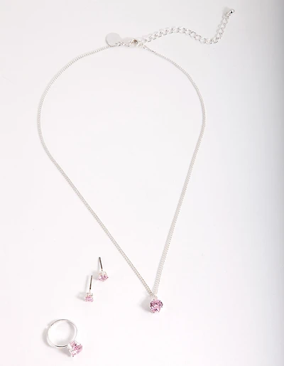 Kids Pink Cubic Zirconia Silver Jewellery Set