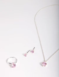 Kids Pink Cubic Zirconia Silver Jewellery Set