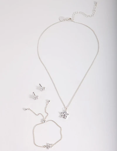 Kids Silver Cubic Zirconia Flower Jewellery Set