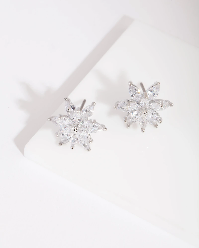 Silver Diamond Simulant Elegant Flower Stud Earring