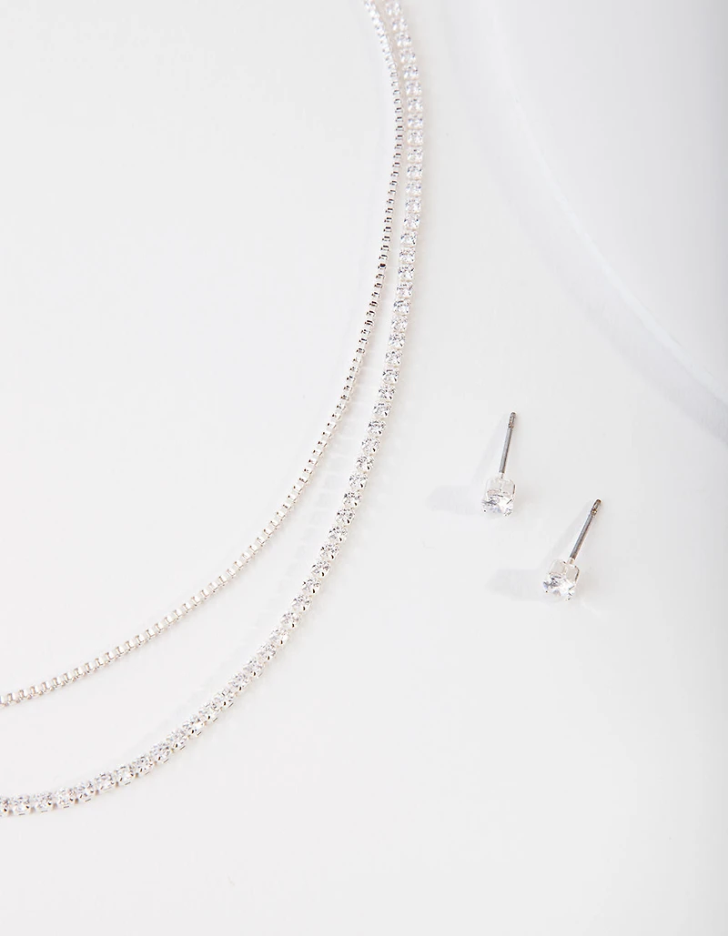 Cubic Zirconia Multi-Layered Necklace & Earrings Set