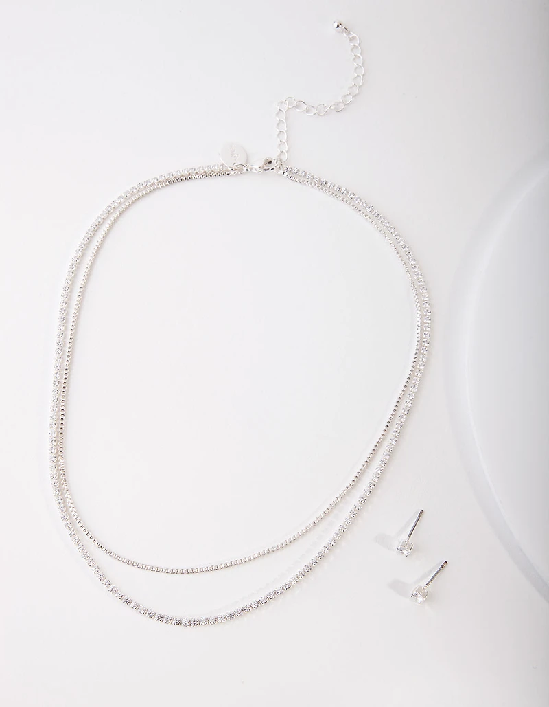 Cubic Zirconia Multi-Layered Necklace & Earrings Set