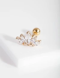 Gold Surgical Steel Cubic Zirconia Navette Fan Barbell Earring