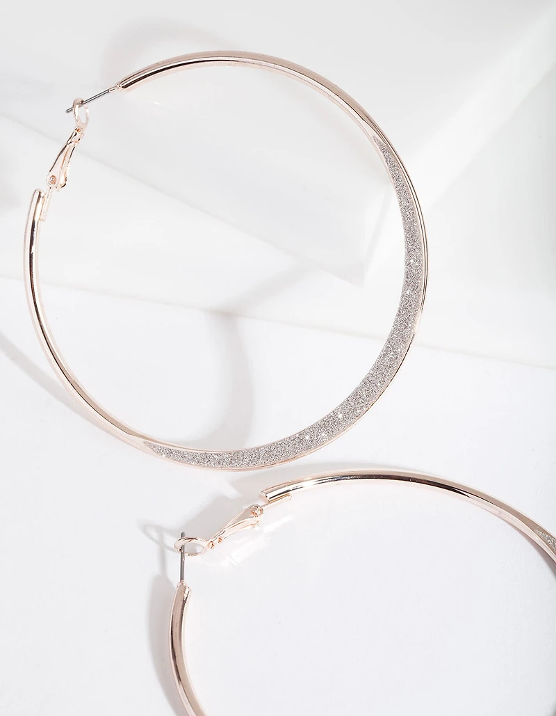 Large Rose Gold Glitter Edge Hoop Earrings