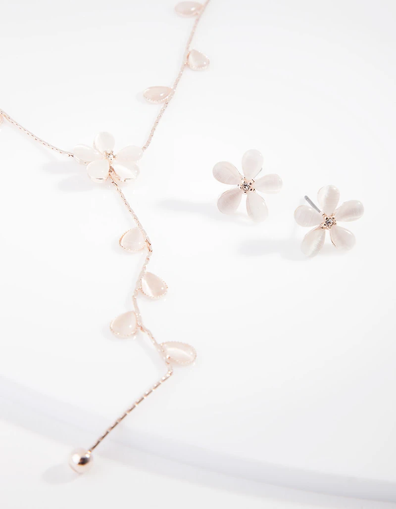Rose Gold Floral Earrings Necklace Set