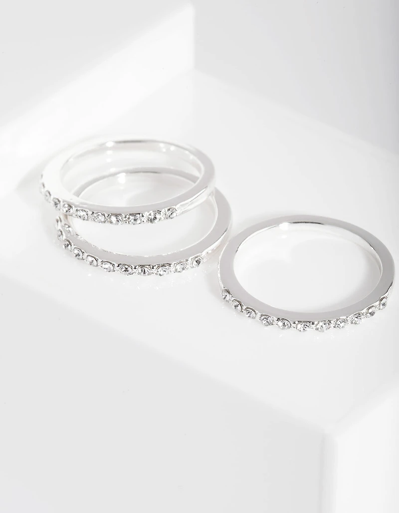 Silver Diamond Simulant Thin Ring Set