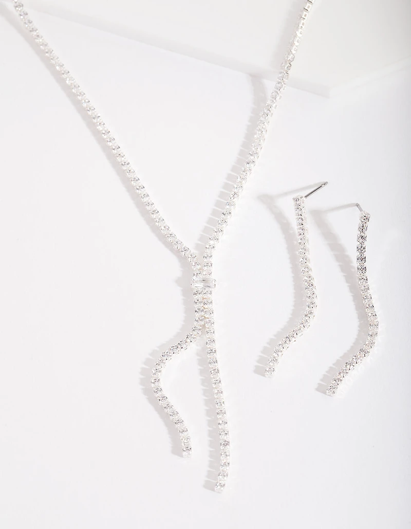 Silver Cubic Zirconia Cup Chain Y Necklace & Earrings Set