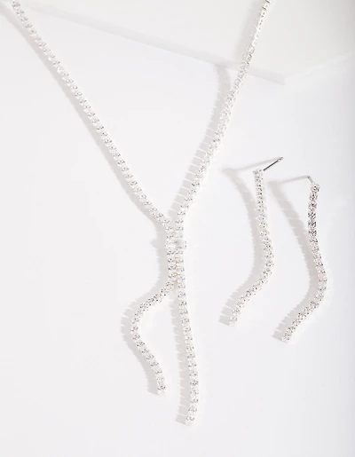 Silver Cubic Zirconia Cup Chain Y Necklace & Earrings Set