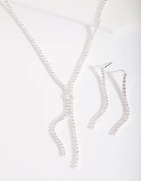 Silver Cubic Zirconia Cup Chain Y Necklace & Earrings Set