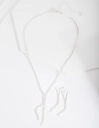 Silver Cubic Zirconia Cup Chain Y Necklace & Earrings Set
