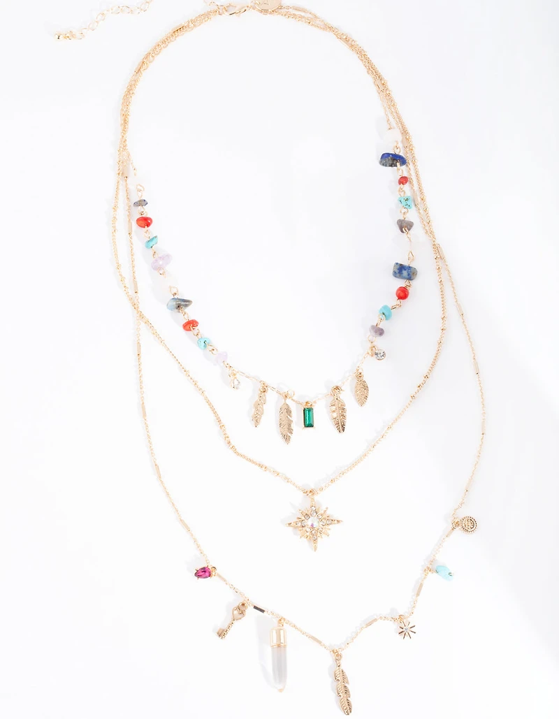 Gold Multi Layered Stone Charm Necklace
