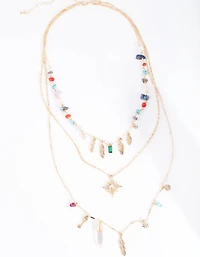Gold Multi Layered Stone Charm Necklace