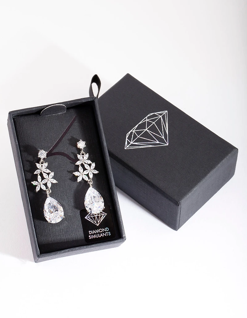 Silver Diamond Simulant Flower Teardrop Earrings