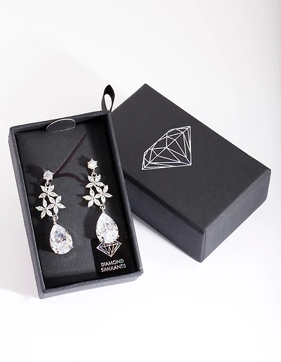 Silver Diamond Simulant Flower Teardrop Earrings