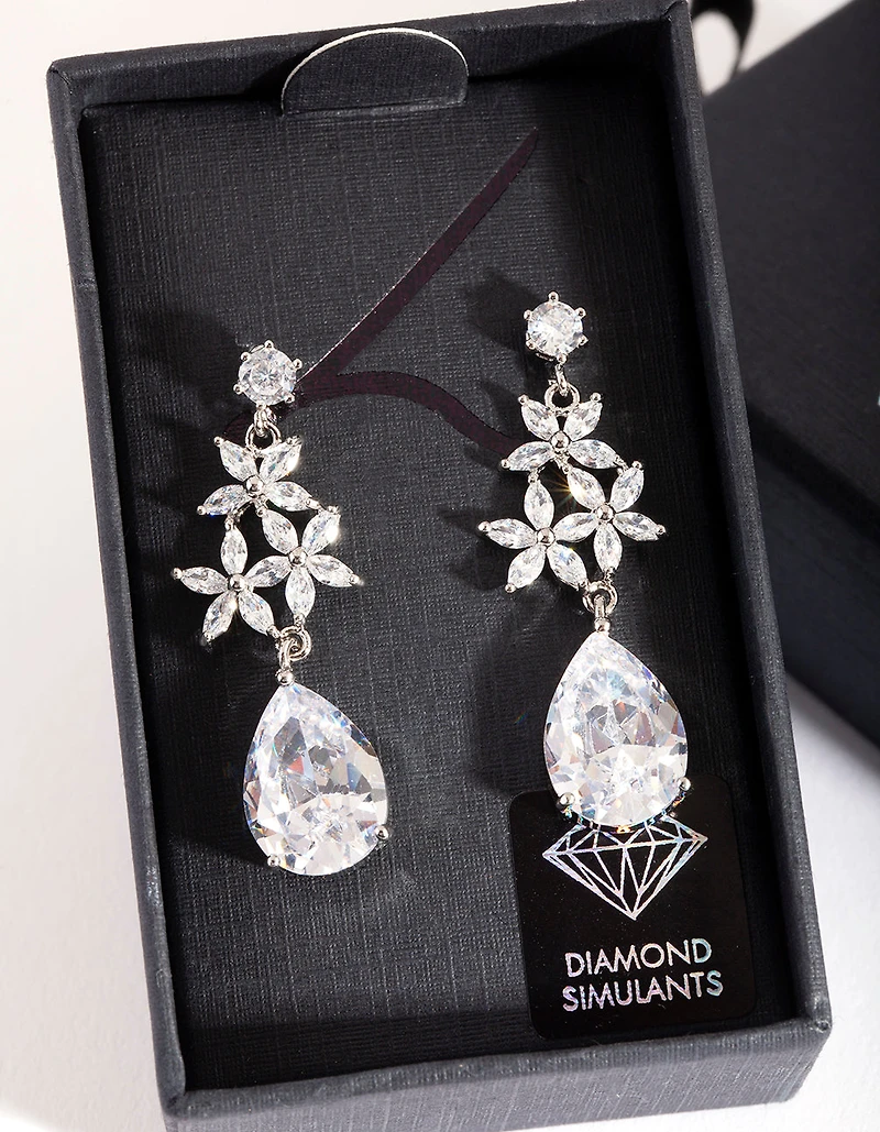 Silver Diamond Simulant Flower Teardrop Earrings