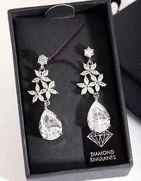 Silver Diamond Simulant Flower Teardrop Earrings