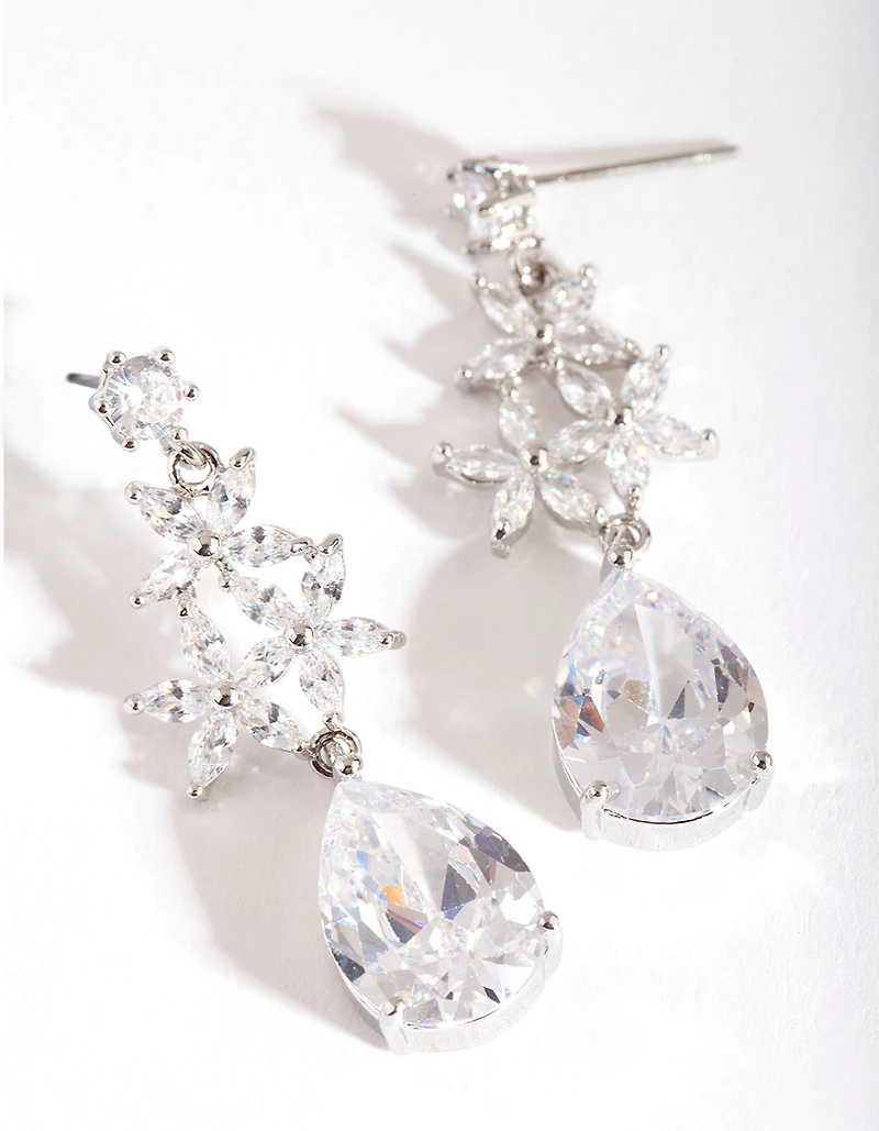 Silver Diamond Simulant Flower Teardrop Earrings