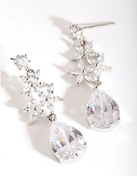 Silver Diamond Simulant Flower Teardrop Earrings