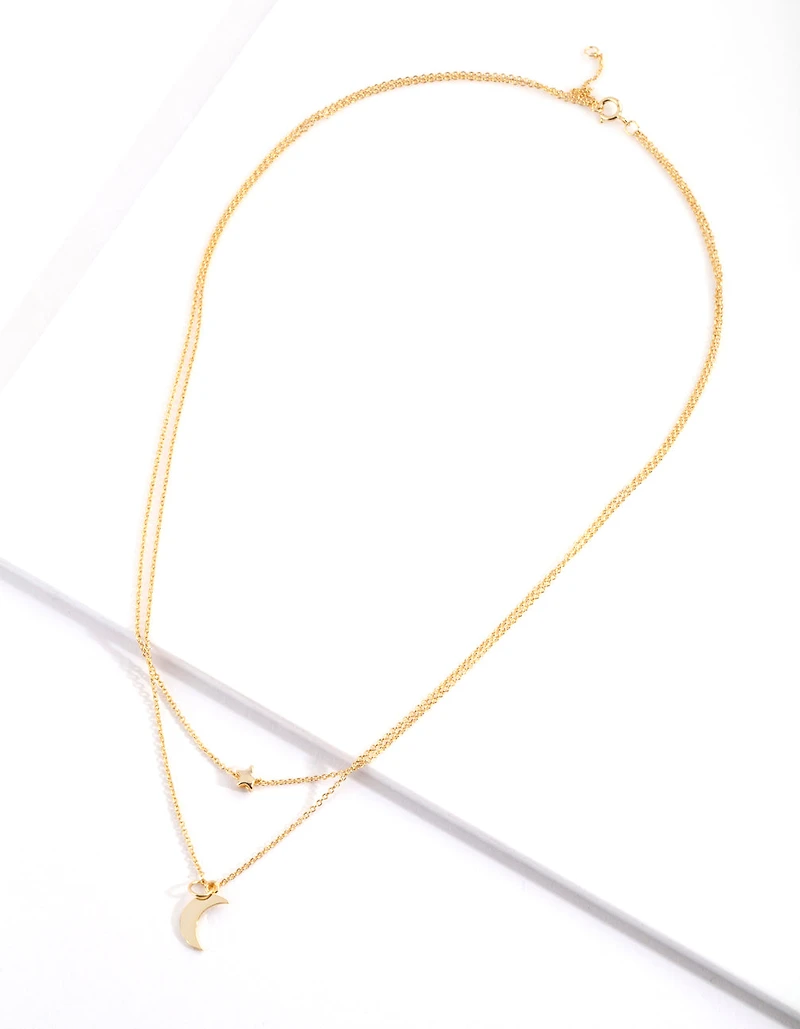 Gold Plated Sterling Silver Moon & Star Double Layer Necklace