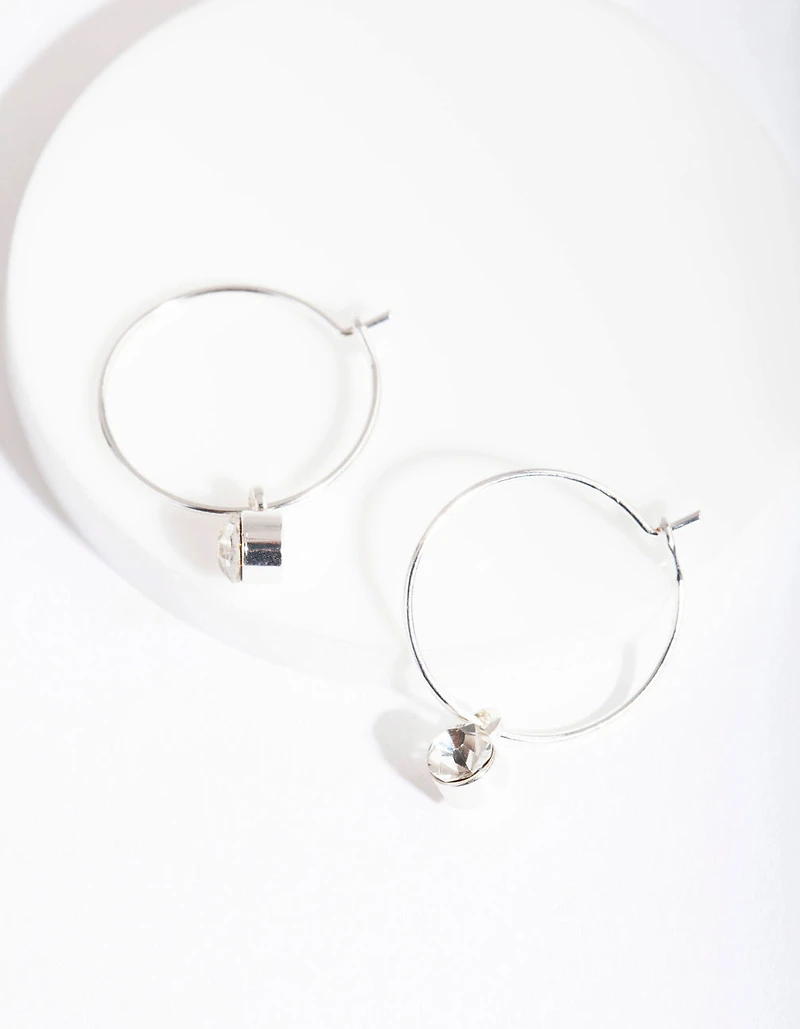 Silver Crystal Stone Hoop Earrings