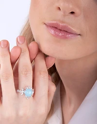 Silver Vanilla Synthetic Opal Moon Diamante Ring