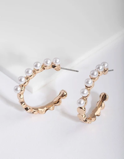 Gold Pearl Lined Hoop Earrings